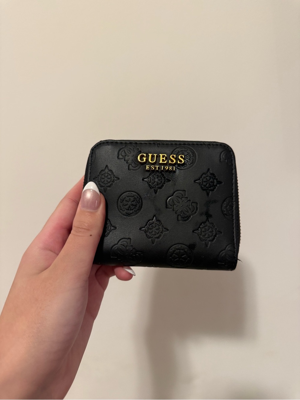 GUESS Black Embossed Zip Wallet with Gold Logo